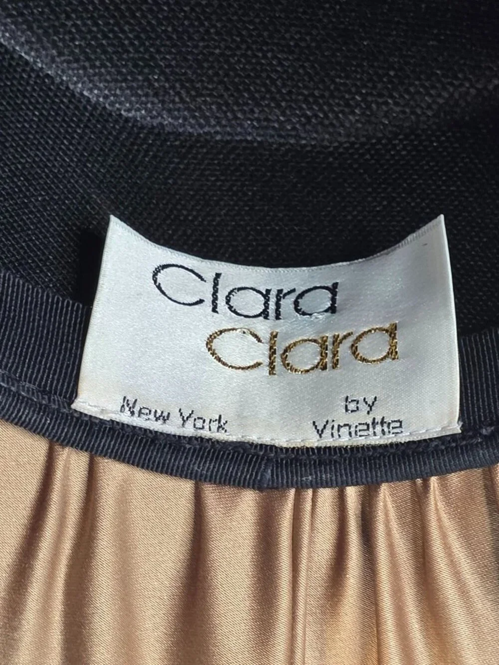 Wide Brim Black & Gold Hat With Satin Bow Feathers & Rhinestone Accent By Clara
